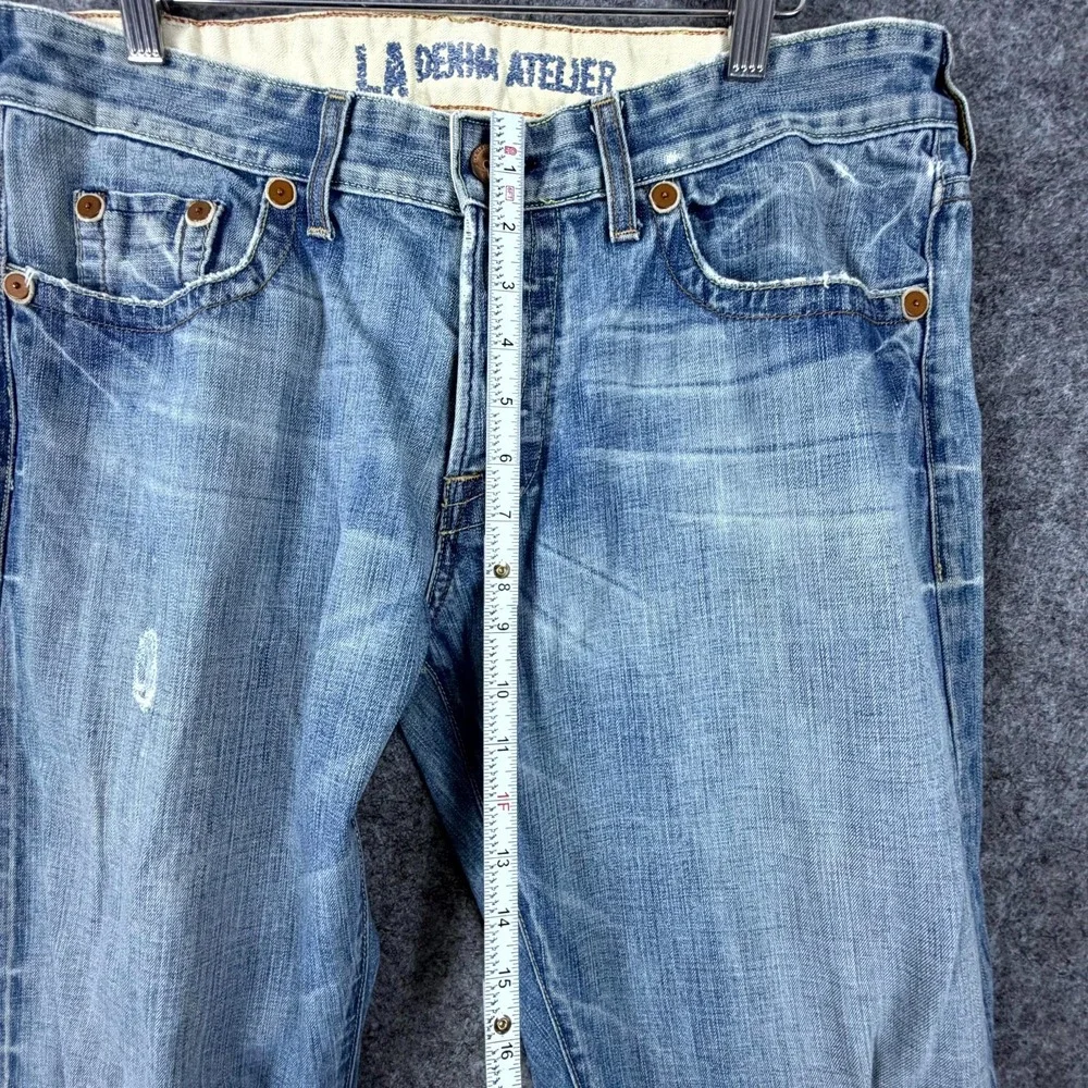 LA Denim Atelier Jeans Mens 34 Blue Denim Distressed Whiskers Low Rise Straight